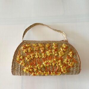 Vtg Woven Straw Handbag Top Handle Orange Yellow Raffia Floral Boho Purse